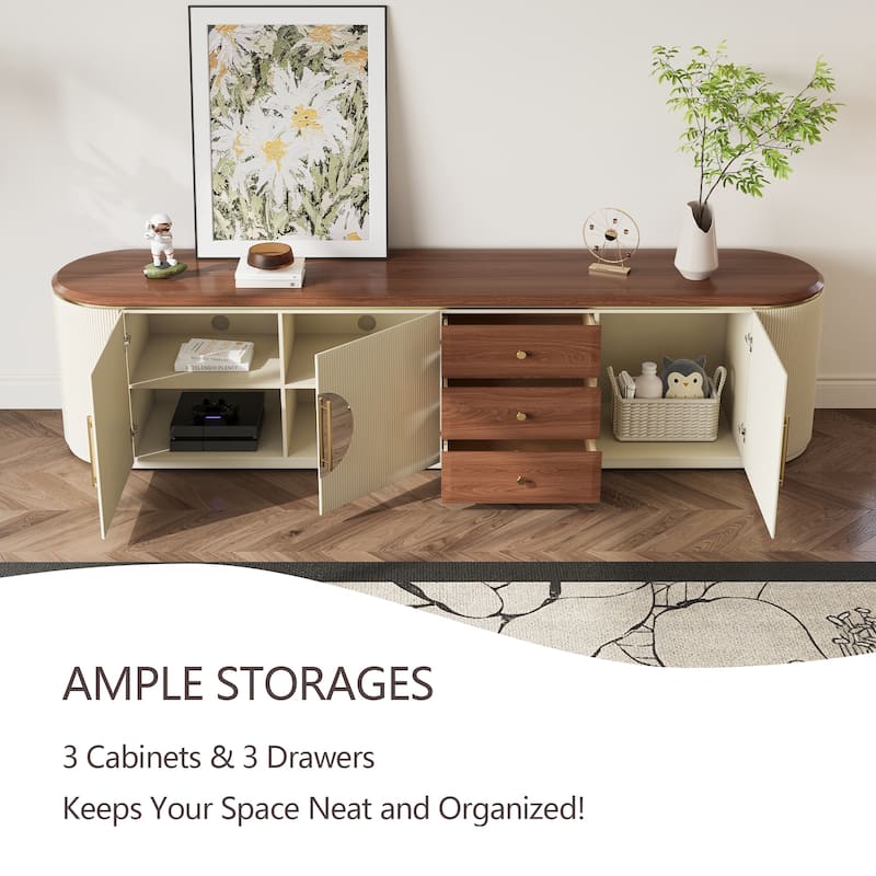 78.74" Mid-Century TV Stands, Fully Assembled,Brown Solid Wood Veneer, Media Console With 5 Cabinets+3 Drawers - 78.74