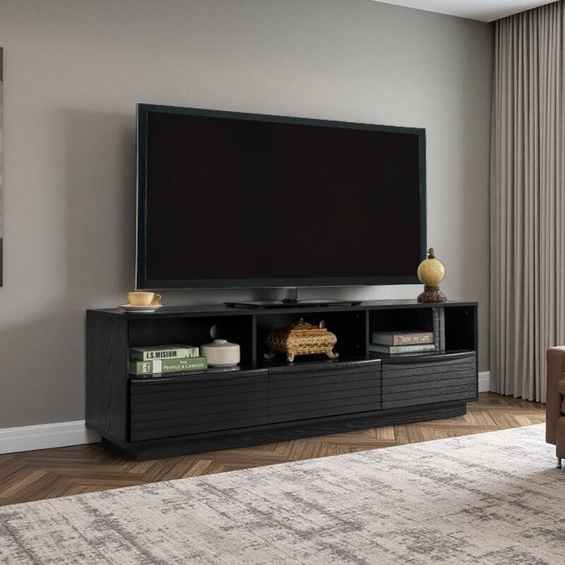 63" Mid-Century TV Console with Louvered Doors & Solid Wood Drawers, with Open Shelves & Cable Cutouts - Black