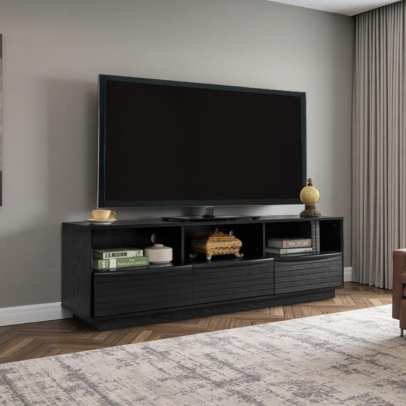 63" Mid-Century TV Console with Louvered Doors & Solid Wood Drawers, with Open Shelves & Cable Cutouts