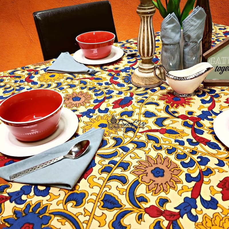 Bloom Kalamkari Lightweight Cotton Sunflower Tablecloth Rectangle