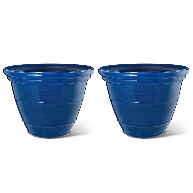 Glitzhome Set of 2 Round Cobalt Blue/Turquoise/Red Faux Ceramic Pot Plastic Planter