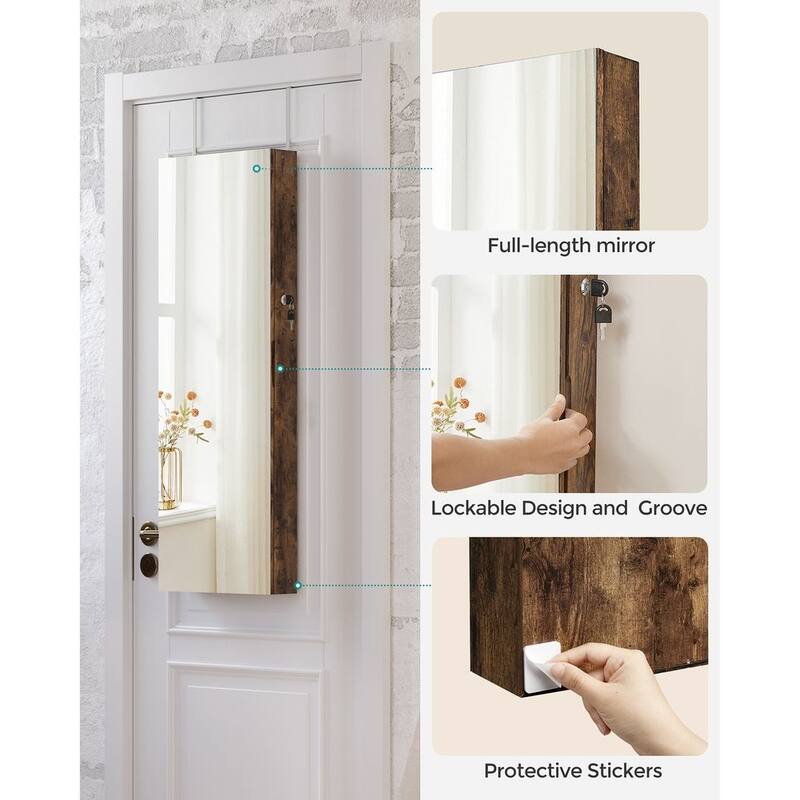 White Wooden Lockable Jewelry Cabinet Armoire with Mirror - 14.8”L x 3.8”W x 42.5”H