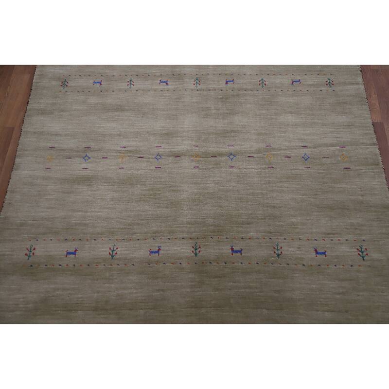 Hand Knotted Oriental 100% Wool Carpet Tribal Animal Pictorial Green Gabbeh Area Rug - 7' 8'' X 4' 11''