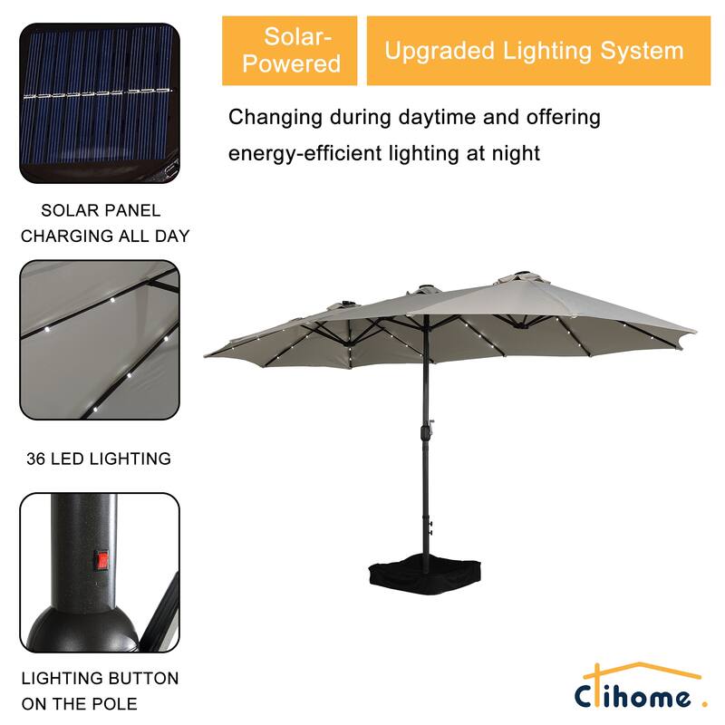 Clihome 15FT Double-Sided Solar Light Market Crank Umbrella with Base