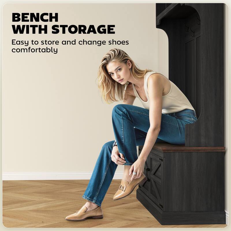 3-in-1 Farmhouse Hall Tree with Bench, Coat Hooks & Shoe Storage