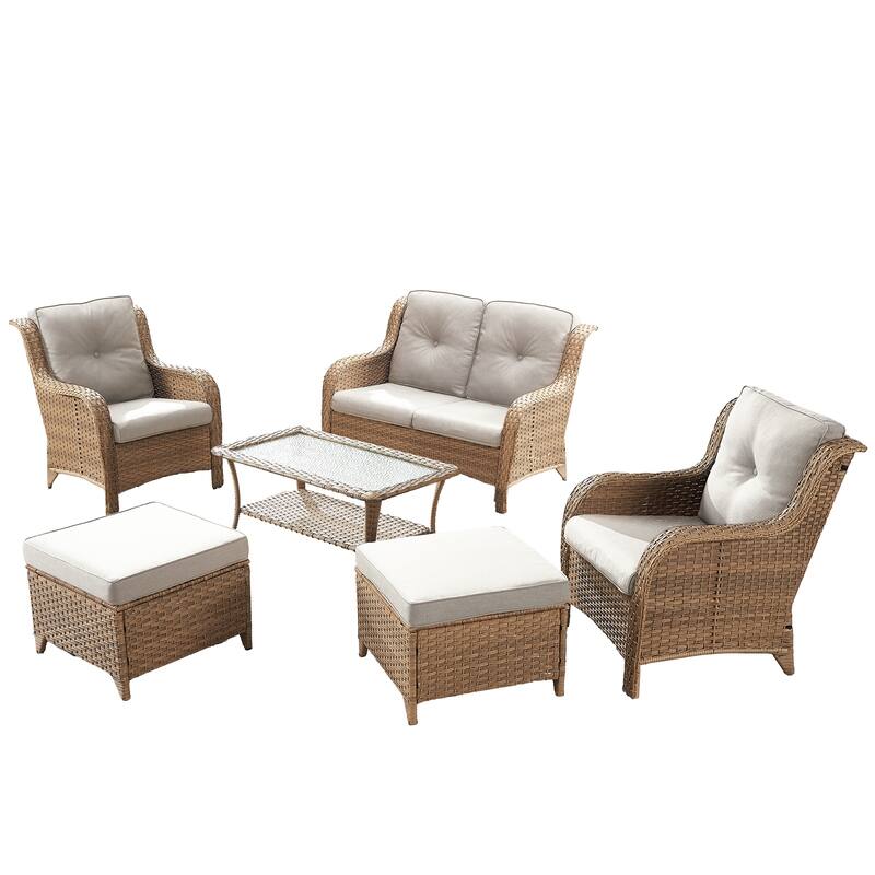 Pocassy 6 Pieces Outdoor 2-Seat Sofa Chairs Table Ottoman
