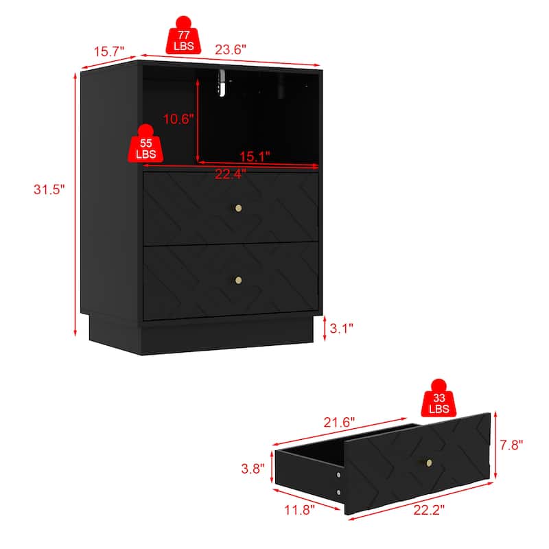 Black Side Cabinet Accent Cabinet with Gold Handles For Living Room: Geometric Texture, Open & Drawer Storage