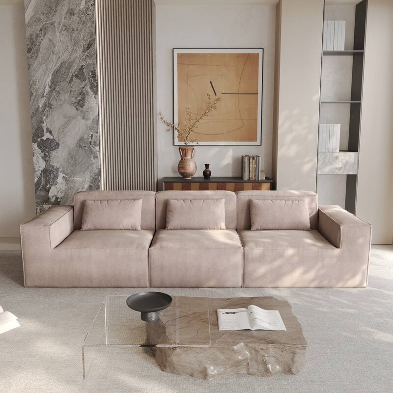 118" Modular Sofa Sectional Couch with Movable Fabric Cover & 3 Pillows, Comfy 3-Seater Corduroy Fabric Couch - Brown