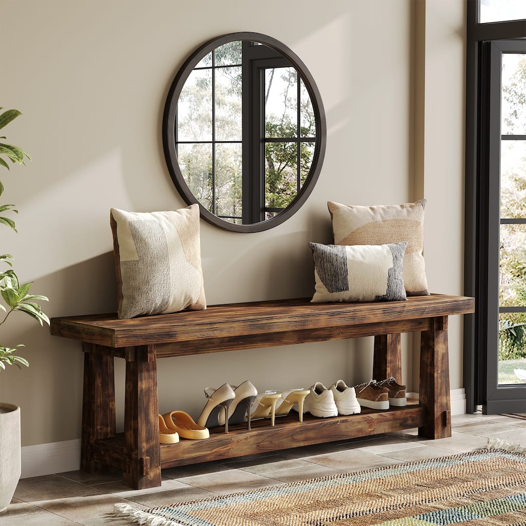 55" Solid Wood Entryway Bench with Shoe Storage, Charred Wood Grain
