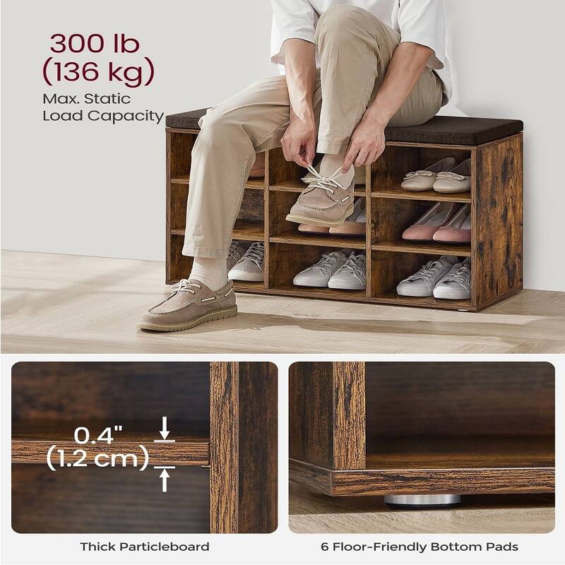 9-Compartment Storage Bench with Comfortable Linen-Look Seat Cushion for Shoes and Accessories - 11.9"D x 30.9"W x 18.9"H