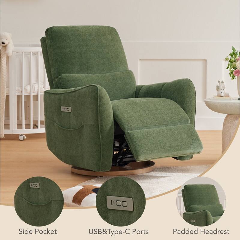 Spruce & Spring Power Swivel Recliner Chair Nursery Glider with Lumber Pillow