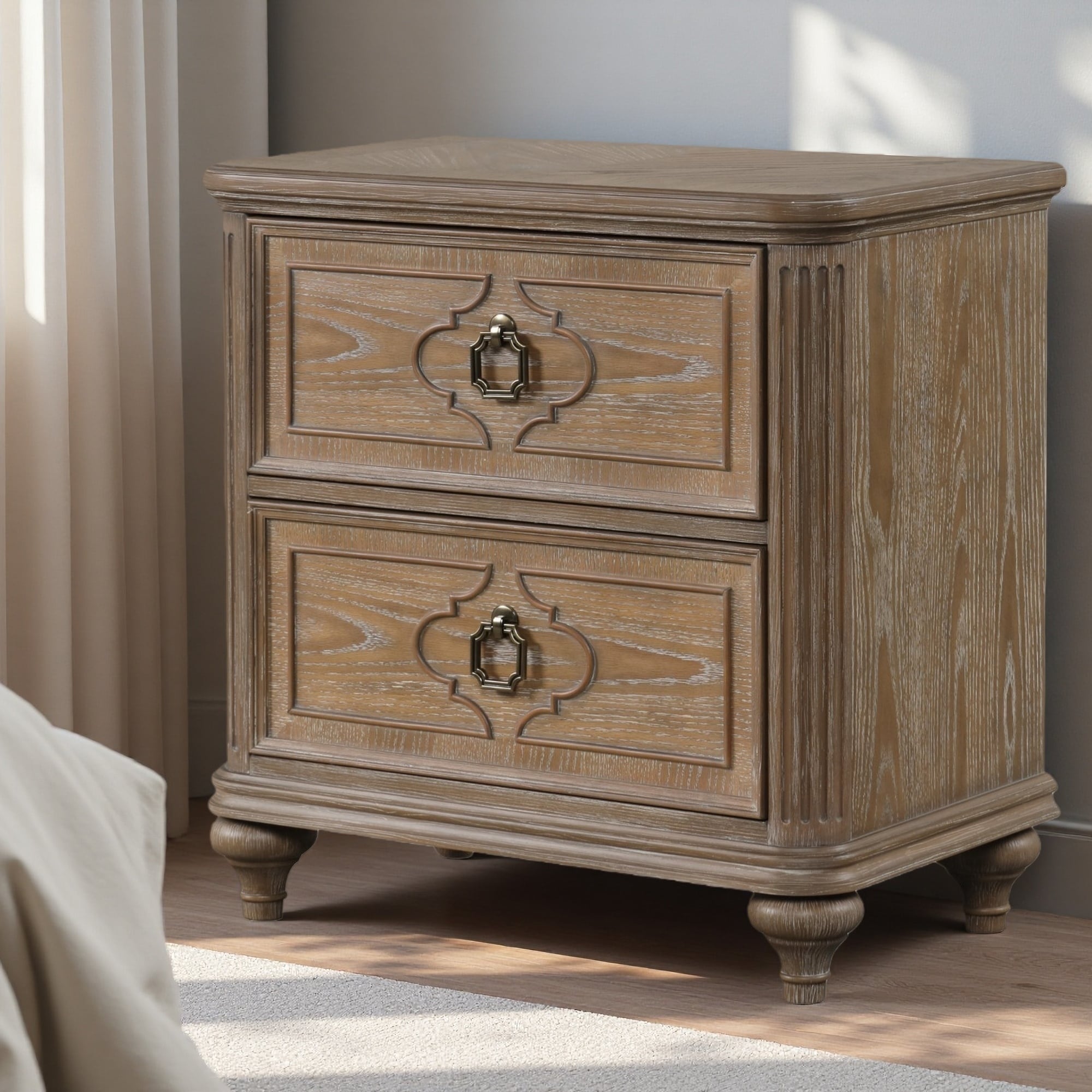 29"L Solid Wood Rustic Oak Veneer Contemporary 2-Drawer Bedroom Nightstand with USB-A & USB-C Charging, Felt-Lined Drawer