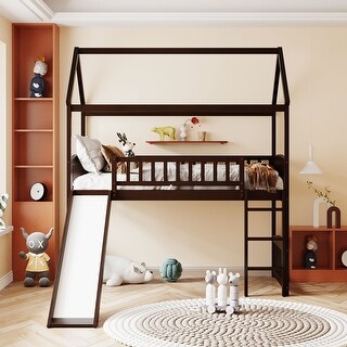 Twin Size Loft Bed with Slide, House-shaped Bed with Ladder, Pine Wooden Bed with Guardrails for Bedroom, Brown