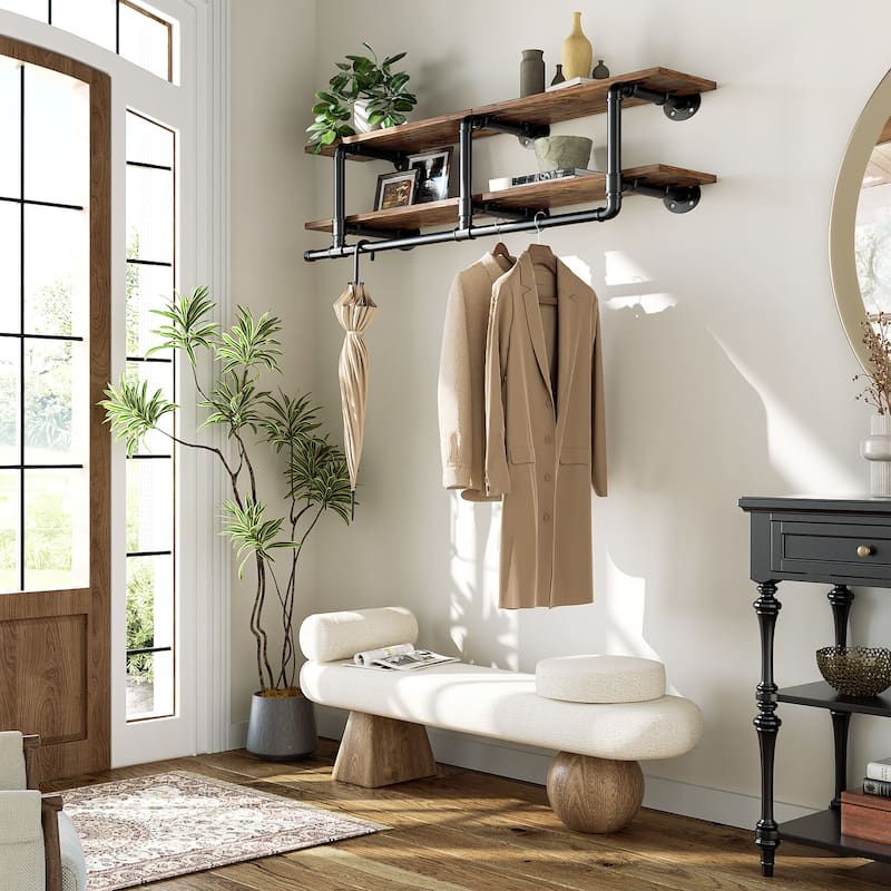 Floating Pipe Heavy-Duty Garment Rack, Wall-Mounted Closet Organizer with Storage Shelves