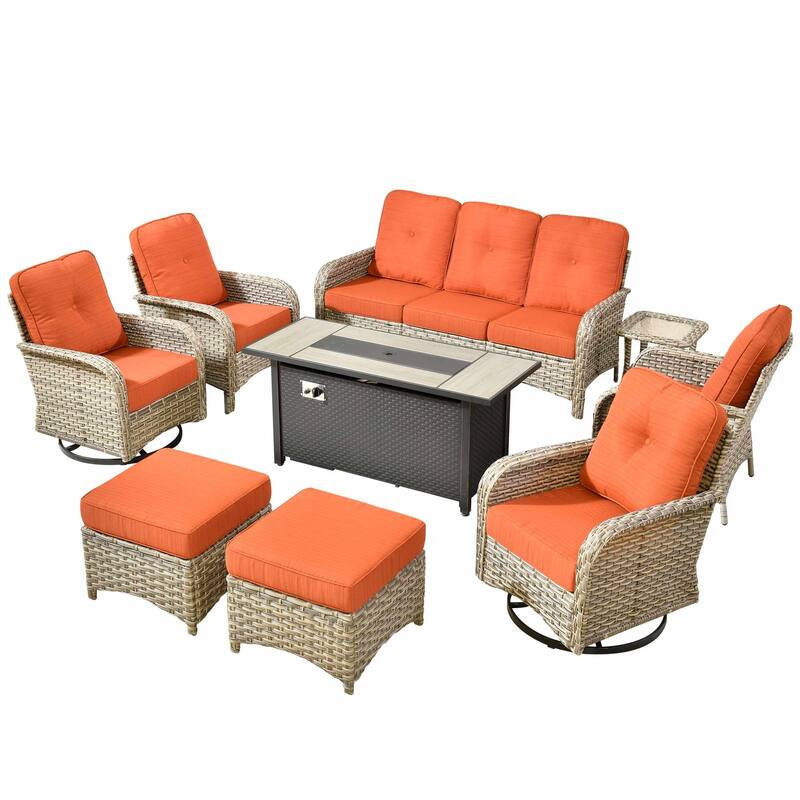 HOOOWOOO 9-piece Outdoor Wicker Patio Furniture Swivel Rocking Chair Set with Fire Pit