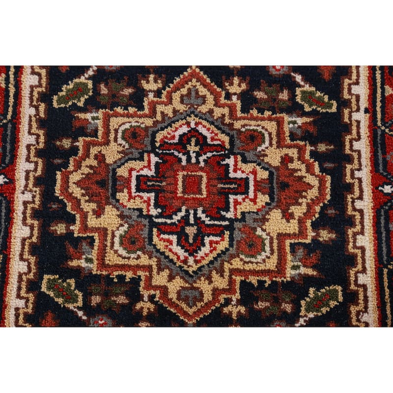 Hand Knotted Oriental 100% Wool Carpet Traditional Geometric Navy Blue & Blues Heriz (serapi) Runner Rug - 7' 10'' X 2' 7''