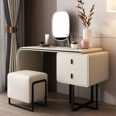 Extendable Makeup Vanity Table with PU Leather, 2 Solid Wood Drawers, Mirror & Upholstered Stool