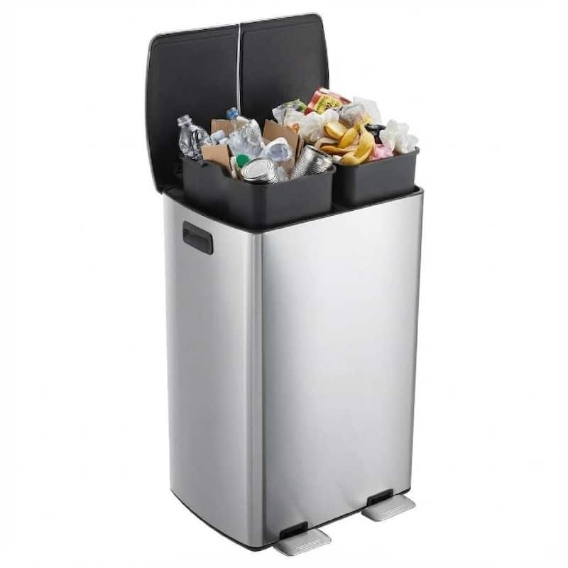 16-Gallon Soft-Close Lids Dual Compartment Trash Can Recycling Bin for Kitchen - Silver