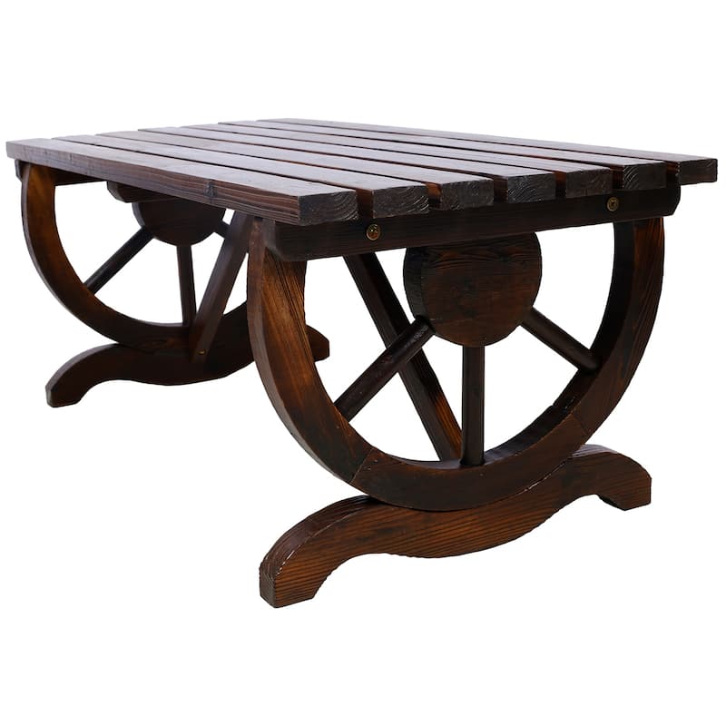 Rustic Wooden Bench with Wagon Wheels, 2-Seater Garden Patio Furniture