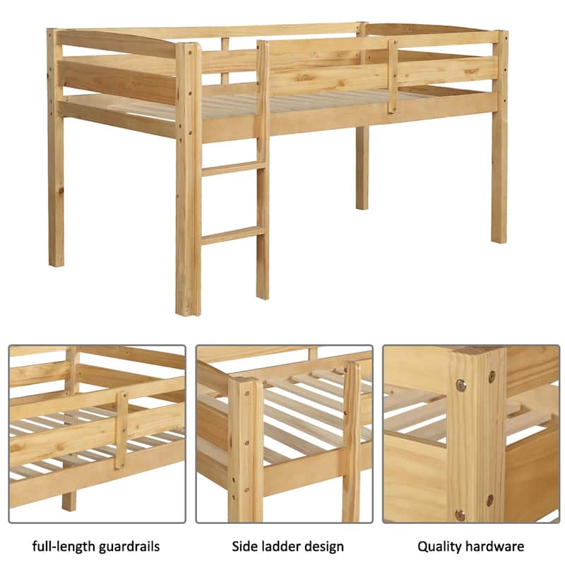 Twin Wood Low Loft Bed with Ladder, Solid Pine Frame Loft Bed for Kids, Space-Saving Design, No Box Spring Needed