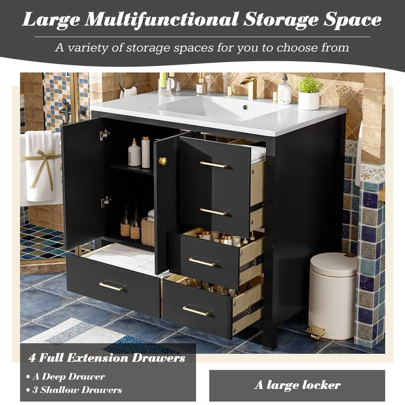 Black Storage Cabinet for Bathroom Vanity with Ceramic Sink, Solid Wood Frame, 4 Full-Extension Drawers and Soft Closing Doors