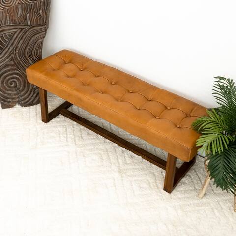 Sonia Button-Tufted Leather Upholstered Bench Dark Tan