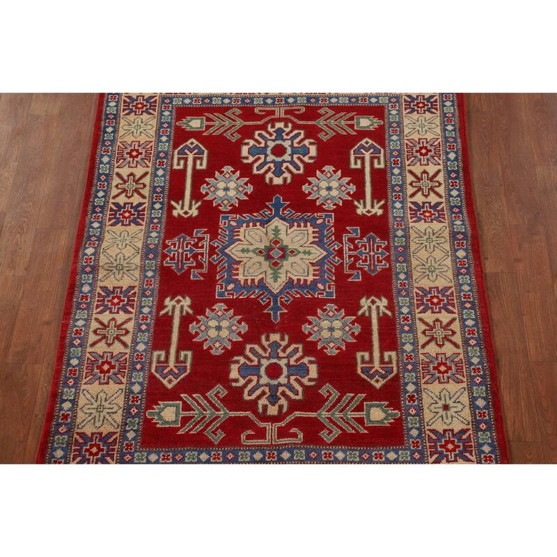 Geometric Kazak Rug Hand-Knotted Oriental Red Wool Carpet - 3'4"x 4'9"