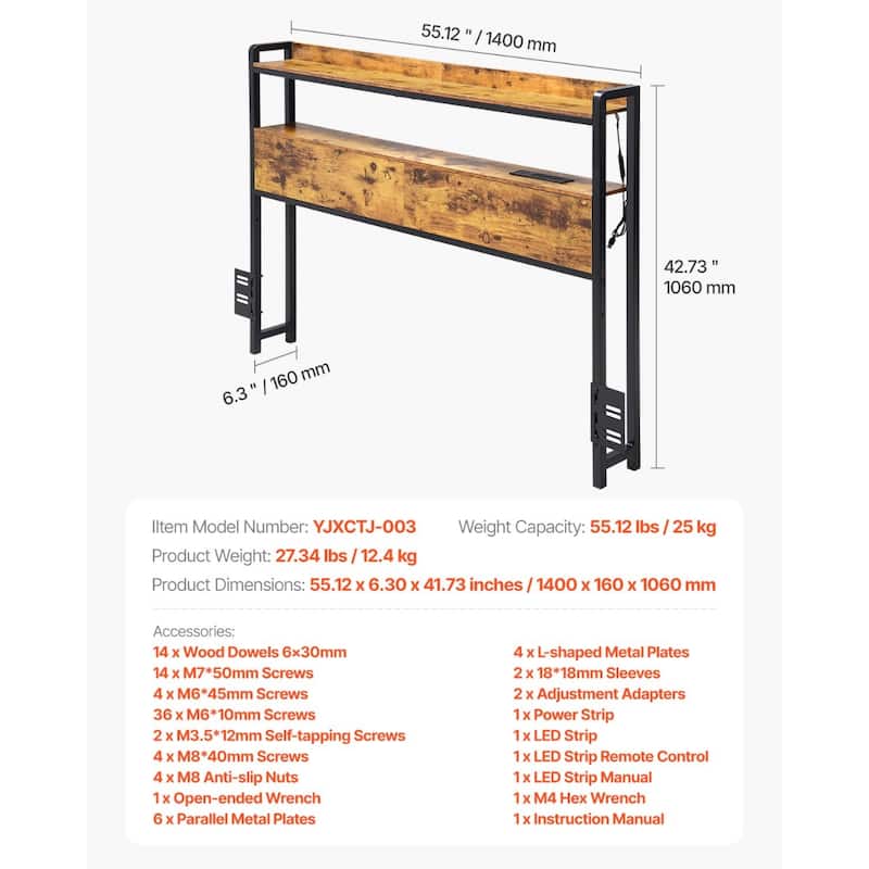 Brown Carbon Steel Full Size Headboard with LED Lights, Power Strips and Storage Shelves