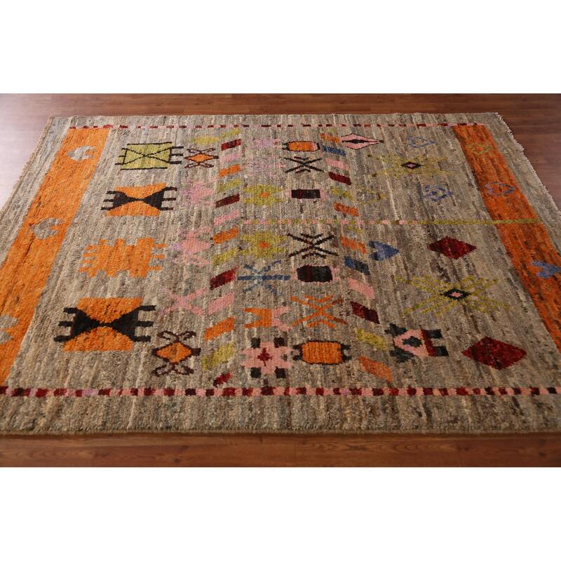 Geometric Moroccan Oriental Area Rug Handmade Brown Wool Carpet - 5'9" x 7'7"