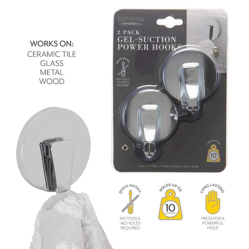 Bath Bliss 2 Pack Gel Suction Power Hooks in Chrome - 2.5"x 1.75"x 3.15"