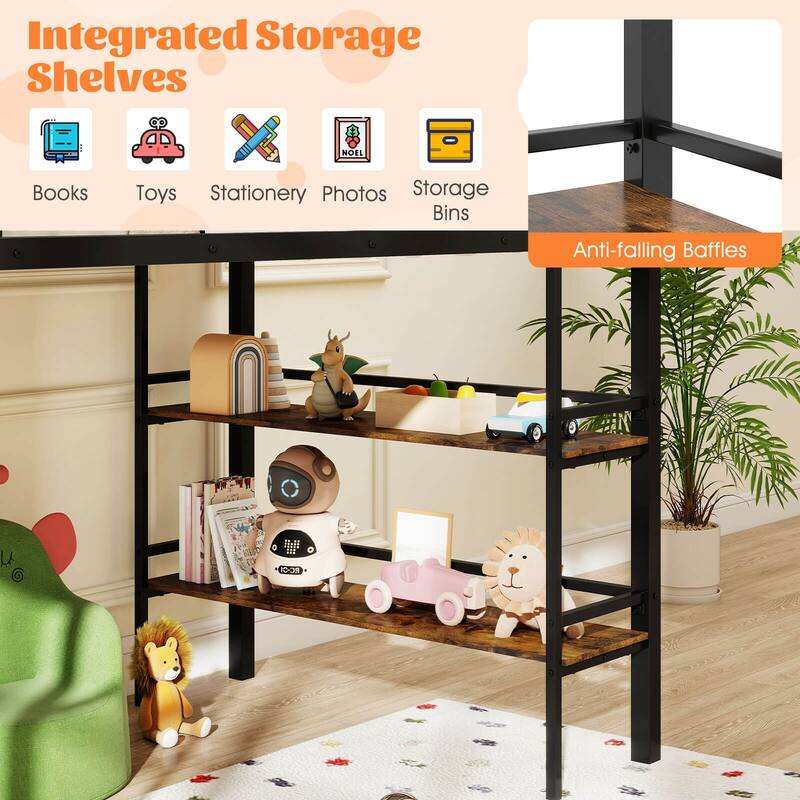 Costway Twin Size Low Loft Bed with Storage Shelves Ladder Full-length