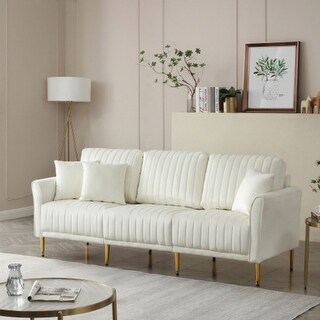 Contemporary Velvet White Upholstered 3 Seater Sofa with Deep Channel ...