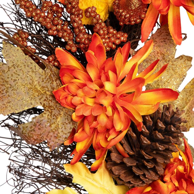 Mums and Acorns Glittered Artificial Fall Harvest Floral Twig Wreath - 22"