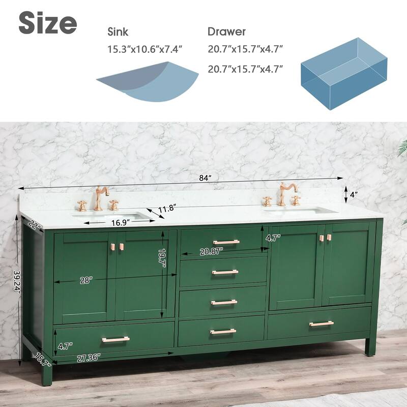 OpalithD 84 in. Bathroom Vanity with Double Sinks, Wood Bath Cabinet with Top