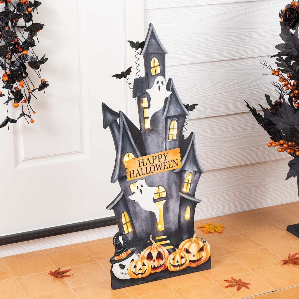 Glitzhome 30"H Halloween Lighted Wooden Haunted House Porch Decor w/Timer(KD)