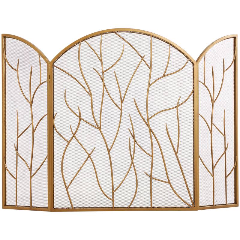 Metal Tree Branch Single Panel Fireplace Screen with Mesh Netting - Brass or Gold - Roche River Decor - 25"W, 31"H