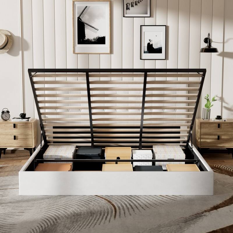 Plywood Frame Upholstered Platform Bed with Lift-up Storage