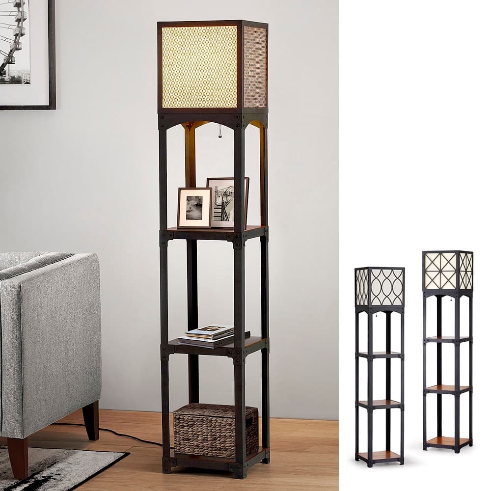 64"H Vintage Iron with Wood Shelves Floor Lamp
