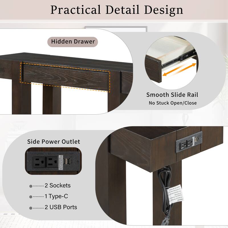 Rustic Minimalist Console Table with Hidden Drawer & Power Outlet, Solid Wood Entryway Table for Living Room & Home Office