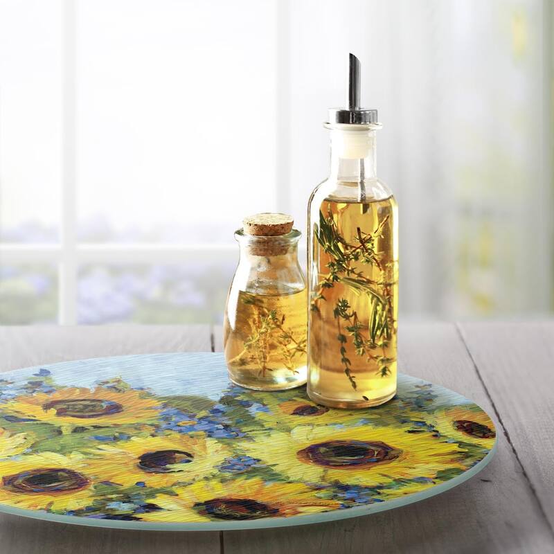 Gallery Sunflower 4mm Heat Tolerant Tempered Glass Lazy Susan Turntable 13" Diameter Cake Plate Condiment Caddy Pizza Server