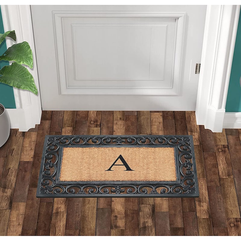 A1HC Rubber and Coir Paisley Border Monogrammed Outdoor Doormat Black, 18"X30"