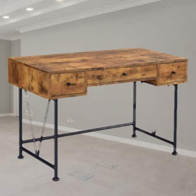 Industrial 3-Drawer Writing Desk with Brown Wood Finish and Sturdy Metal Base for Home Office or Study Room