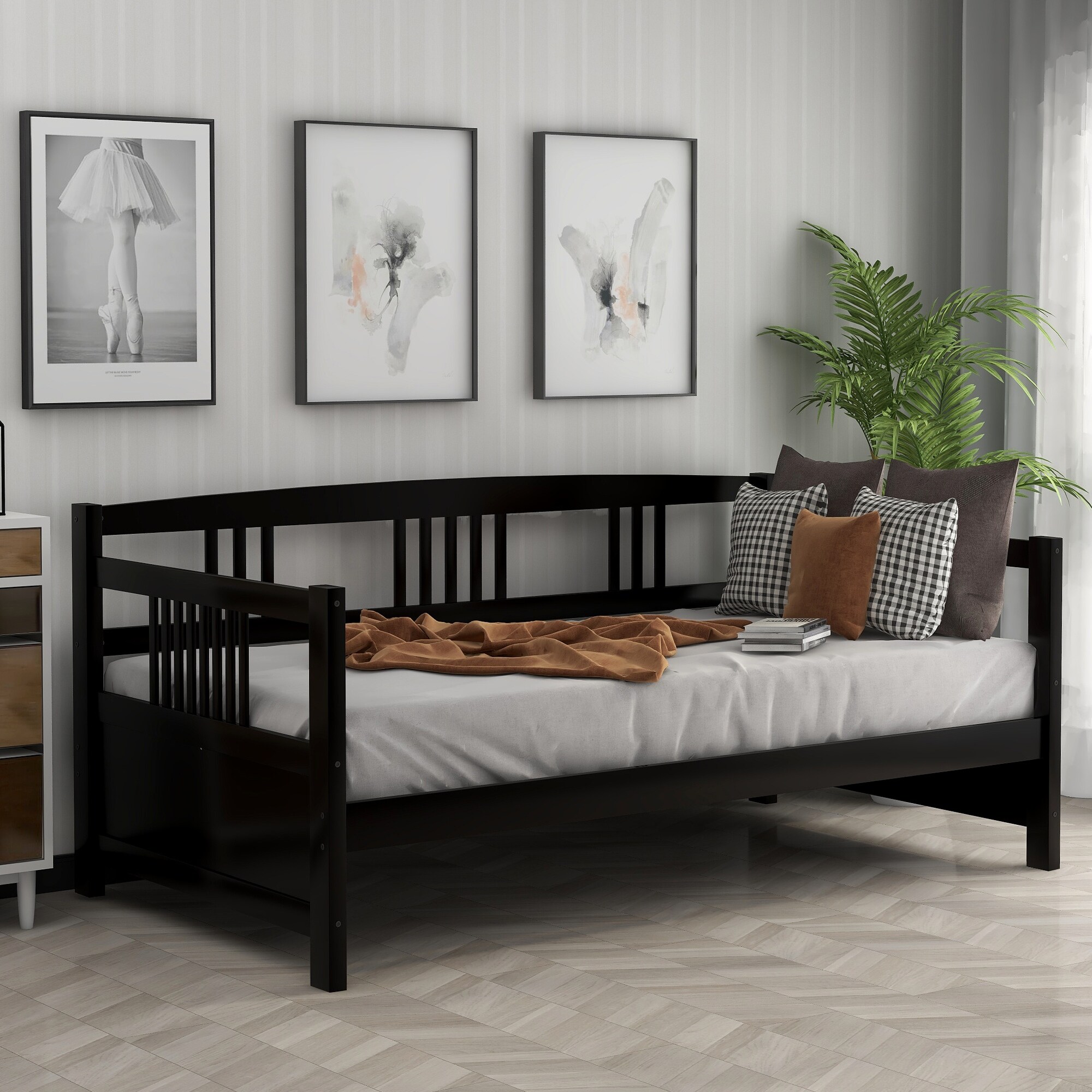 Modern Simple Solid Wood Daybed, Twin Size Platform Bed Frame for Living Room Bedroom No Box Spring Needed, Easy Assembly