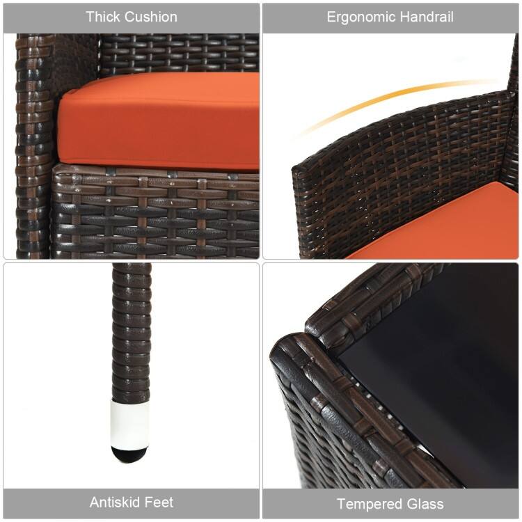 Rattan Patio Conversation Furniture Set with Glass Table and Comfortable Sofa - 4 Pcs