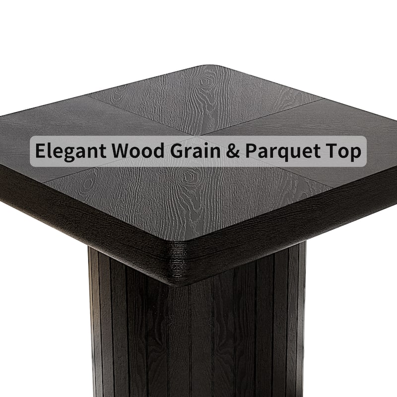 23.6"Modern Solid Wood Veneer End Table, Square Side Table with Parquet Pattern, Grooved Cylindrical Base & Thickened Tabletop