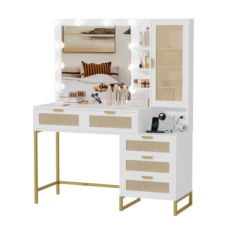 Vanity Mirror with Lights and Table, Rattan - White