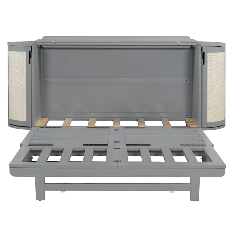 Queen Size Murphy Bed with Hidden Storage, Side Cabinets, and Woven Drawer Design, Space-Saving Foldable Bed