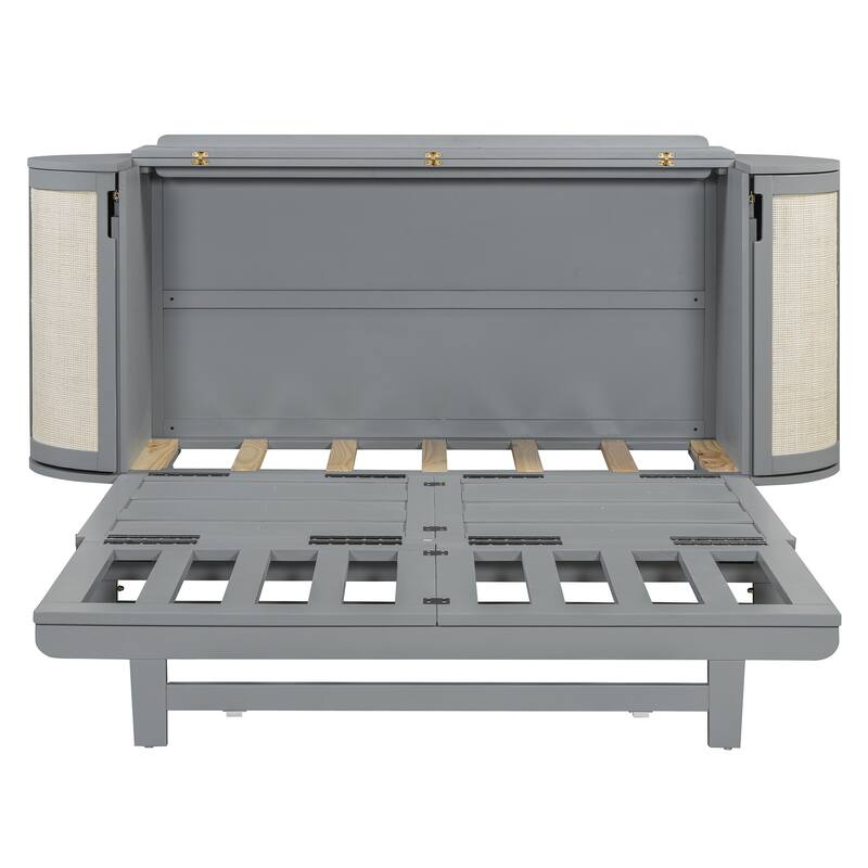 Space-Saving Queen Murphy Bed with Hidden Storage and Modern Woven Design, Gray