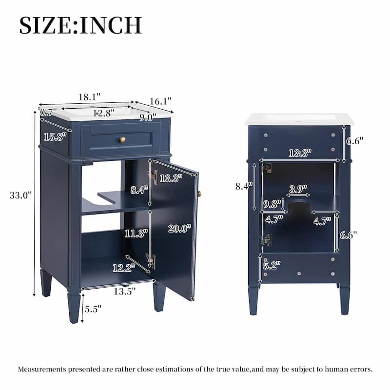 18" French Style Bathroom Vanity with Ceramic Sink, Freestanding Single Vanity Cabinet