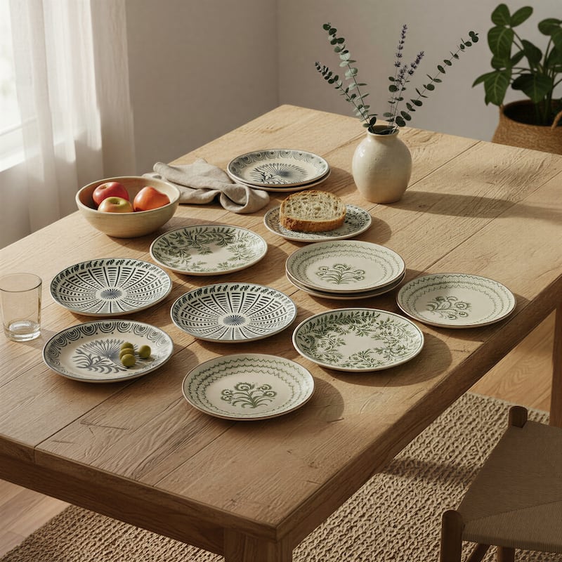 Stoneware Plates Dinnerware Set with 4 Pattern Prints - 6.0"L x 6.0"W x 1.0"H